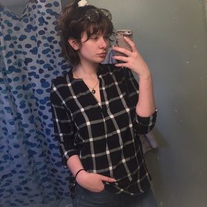 Black and white plaid v-neck shirt